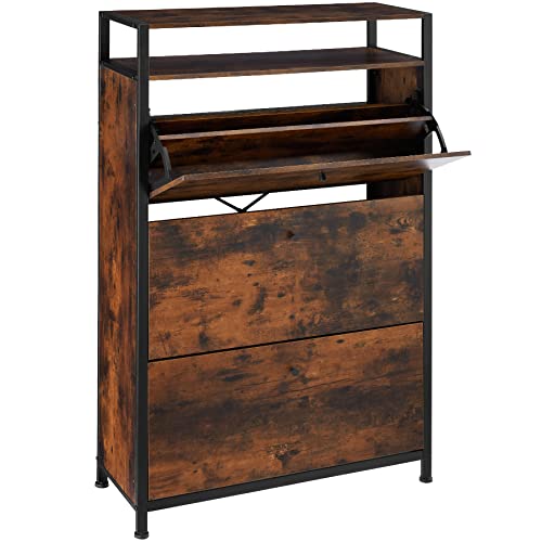 tectake® Industrial Schuhschrank mit 3 Klappen, 130 x 81 x 32 cm, Schuhregal Holz + Metall, Kommode mit 3 Fächern, Sideboard für Schuhe, Schuhkipper, Garderobe (Industrial Dunkelbraun) von tectake