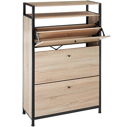 tectake® Industrial Schuhschrank mit 3 Klappen, 130 x 81 x 32 cm, Schuhregal Holz + Metall, Kommode mit 3 Fächern, Sideboard für Schuhe, Schuhkipper, Garderobe (Industrial Holz hell, Eiche Sonoma) von tectake