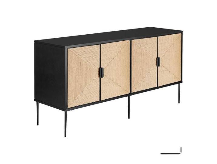 tectake Sideboard Kommode Juna – 2 Schrankfächer mit Softclose, im Boho-Stil, aus Holz mit Türen in Jute-Optik, braun schwarz von tectake