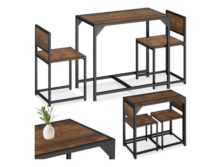 tectake Sitzgruppe Milton, (Set., 3-tlg), Stabile und standfeste Stahlgestelle mit Pulverbeschichtung, braun, Industrial Holz dunkel, rustikal von tectake