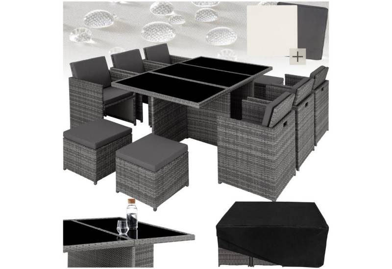 tectake Sitzgruppe Rattan Sitzgruppe, (Set, 12-tlg), Umklappbare Rückenlehne – Stühle passen unter den Tisch von tectake