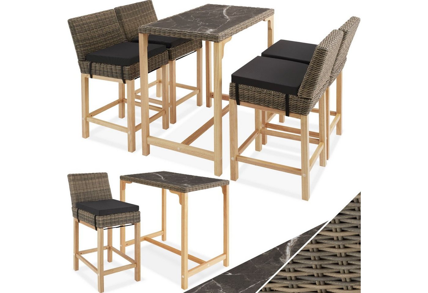 tectake Sitzgruppe Rattan Bartisch Kutina mit 4 Stühlen Latina, (Set, 5-tlg), Gartenmöbel-Sets von tectake