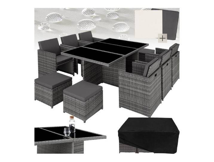 tectake Sitzgruppe Rattan Sitzgruppe, (Set, 12-tlg), Umklappbare Rückenlehne – Stühle passen unter den Tisch, grau, grau, grau von tectake