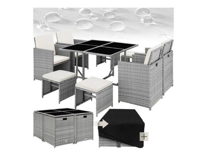 tectake Sitzgruppe Rattan Sitzgruppe, (Set, 9-tlg), 4 Sessel mit Sitz- und Rückenpolster, grau, hellgrau von tectake