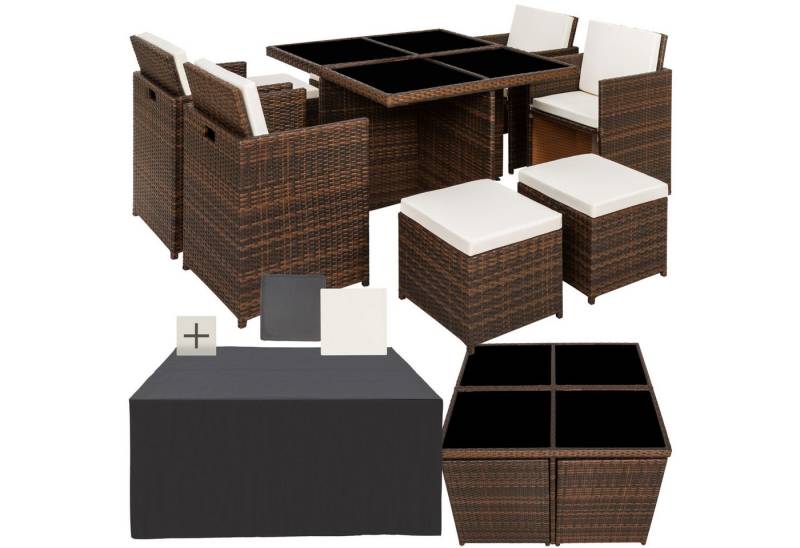 tectake Sitzgruppe Rattan Sitzgruppe, (Set, 9-tlg), 2 Bezugssets, Sitzpolster ca. 5 cm dick, abnehmbar von tectake