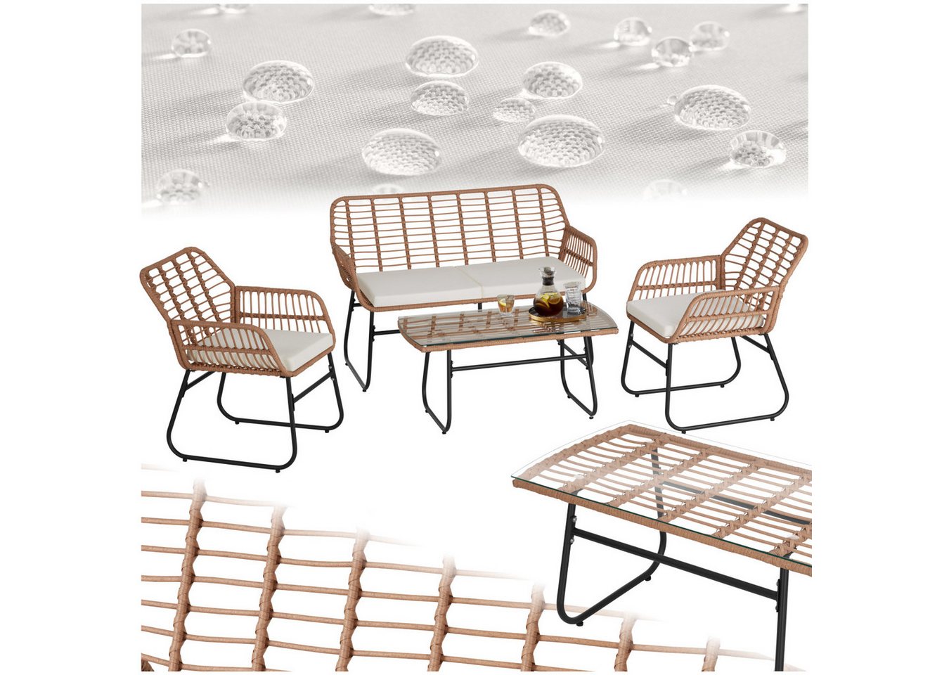 tectake Sitzgruppe Rattan Sitzgruppe, (Set., 1-tlg), Stabiles Gestell aus pulverbeschichtetem Stahl von tectake