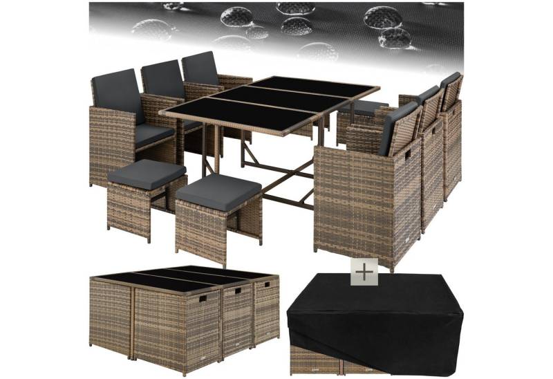 tectake Sitzgruppe Rattan Sitzgruppe, (Set., 12-tlg), Alle Bezüge abnehmbar und wasserabweisend von tectake