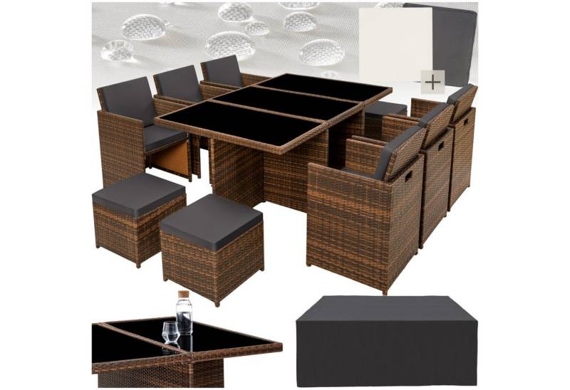 tectake Sitzgruppe Rattan Sitzgruppe, (Set., 12-tlg), Umklappbare Rückenlehne – Stühle passen unter den Tisch von tectake