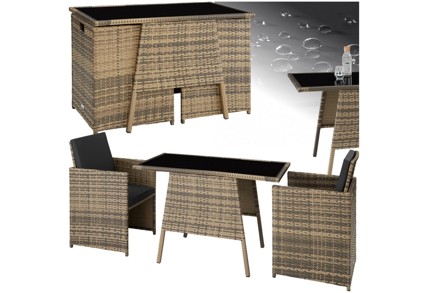 tectake Sitzgruppe Rattan Sitzgruppe, (Set., 3-tlg), Tisch mit abnehmbarer Glasplatte von tectake