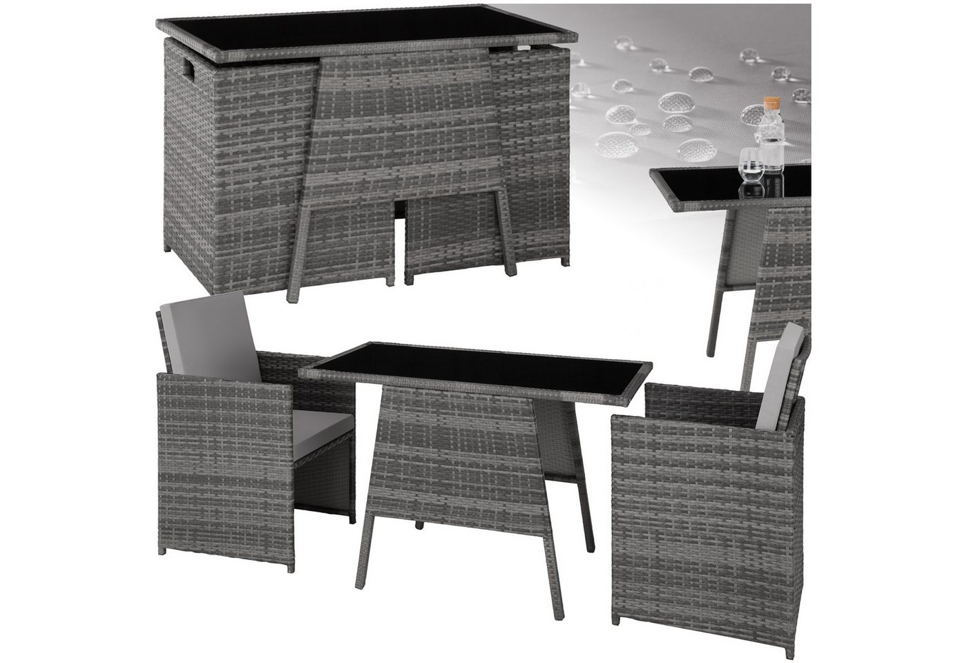 tectake Sitzgruppe Rattan Sitzgruppe, (Set., 3-tlg), Tisch mit abnehmbarer Glasplatte von tectake