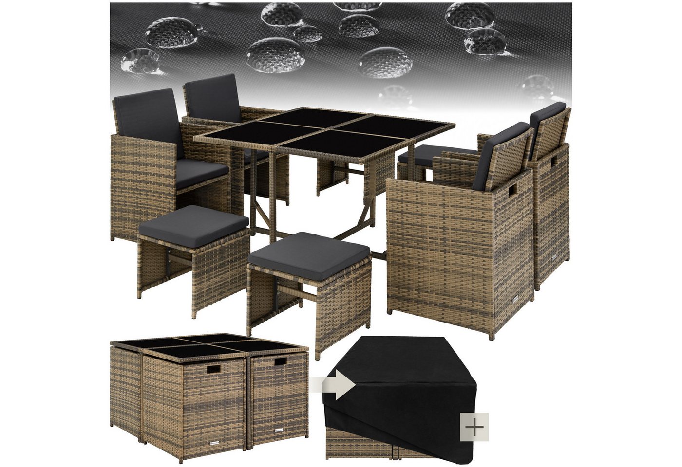 tectake Sitzgruppe Rattan Sitzgruppe, (Set., 9-tlg), 4 Sessel mit Sitz- und Rückenpolster von tectake