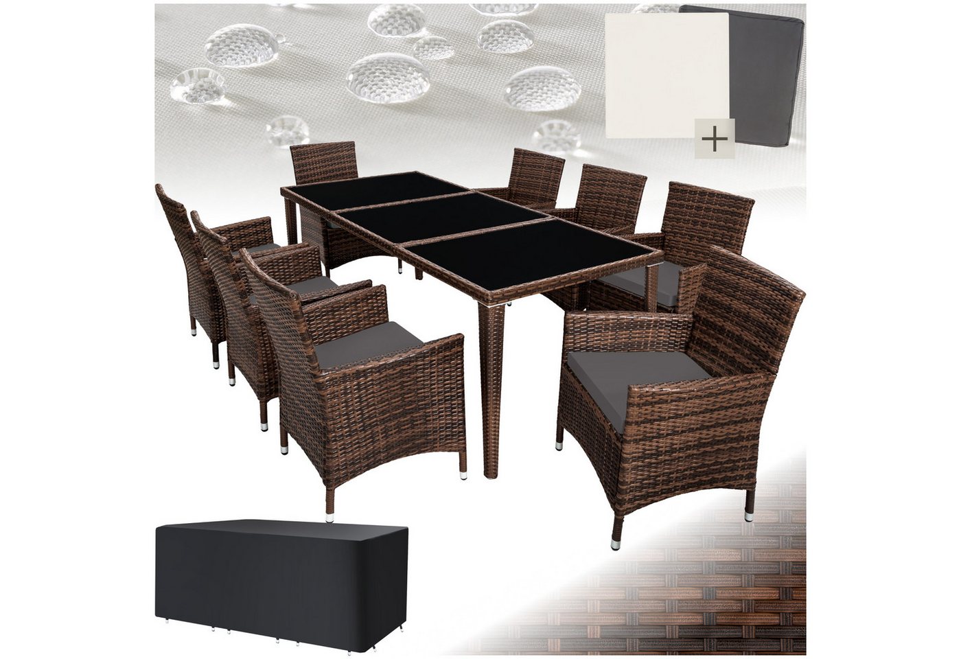tectake Sitzgruppe Rattan Sitzgruppe, (Set., 9-tlg), Inkl. 2 Bezugsets von tectake