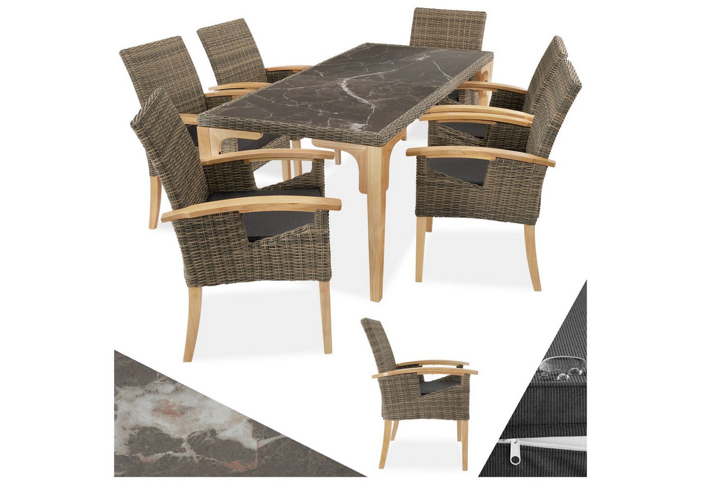 tectake Sitzgruppe Rattan Tisch Foggia mit 6 Stühlen Rosarno, (Set, 7-tlg) von tectake