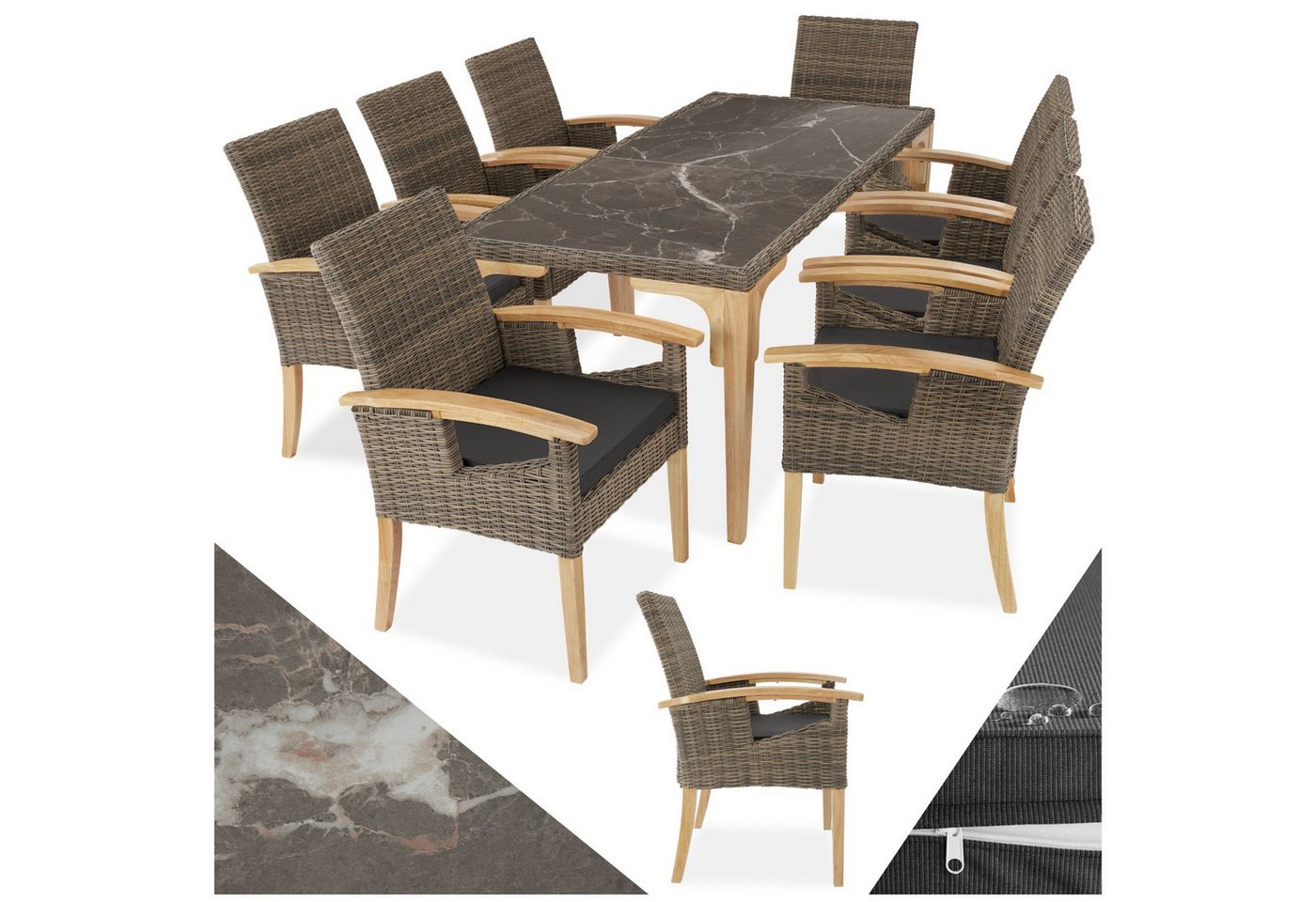 tectake Sitzgruppe Rattan Tisch Foggia mit 8 Stühlen Rosarno, (Set, 9-tlg) von tectake