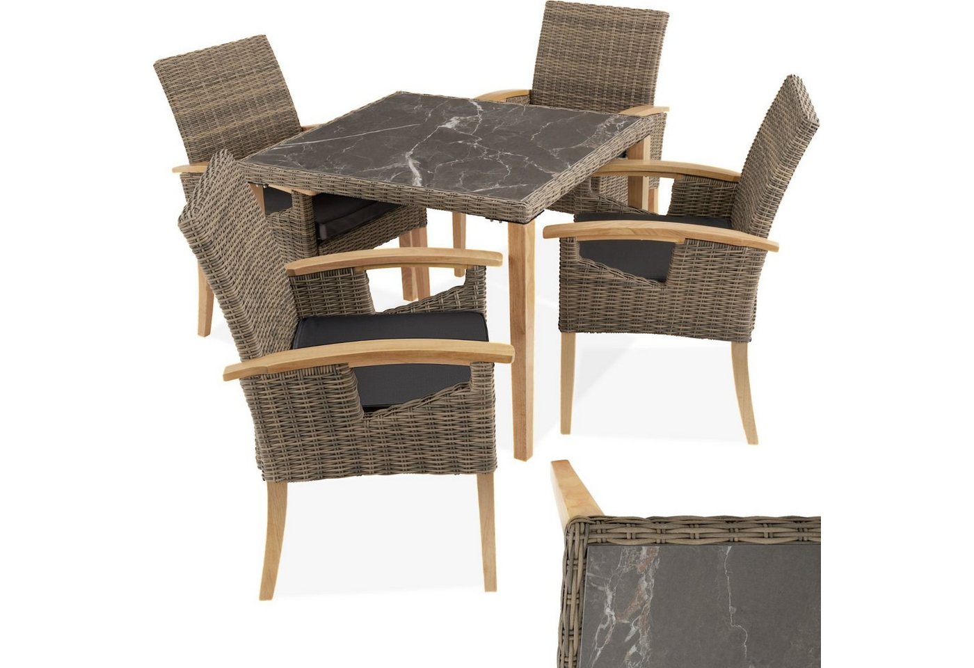 tectake Sitzgruppe Rattan Tisch Tarent mit 4 Stühlen Rosarno, (Set, 5-tlg) von tectake