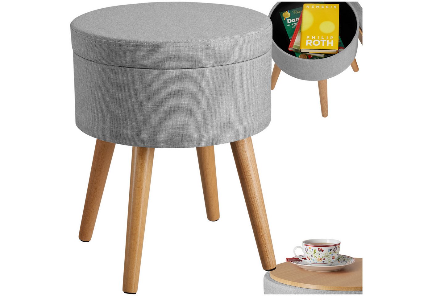 tectake Sitzhocker Schminkhocker Yara gepolstert in Leinenoptik 300kg mit Stauraum, rund von tectake