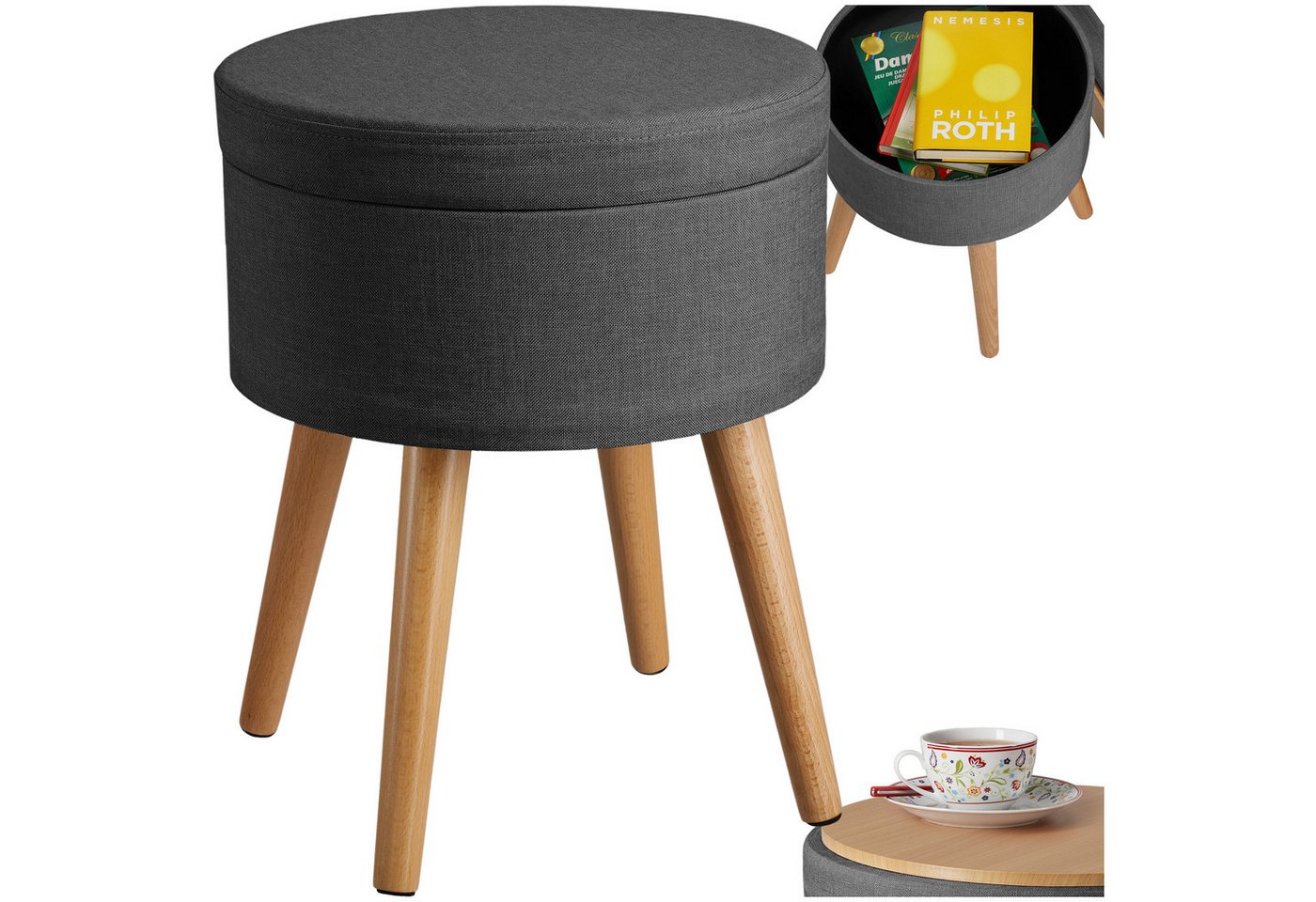 tectake Sitzhocker Schminkhocker Yara gepolstert in Leinenoptik 300kg mit Stauraum, rund von tectake