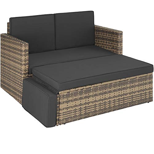 tectake Sofa Set - 2 Sitzer Sessel mit Hocker und Schlaffunktion, kleine Rattan Couch als Outdoor Gartenmöbel, wetterfest für Lounge, Balkon und Garten, klappbar mit Polstern von tectake