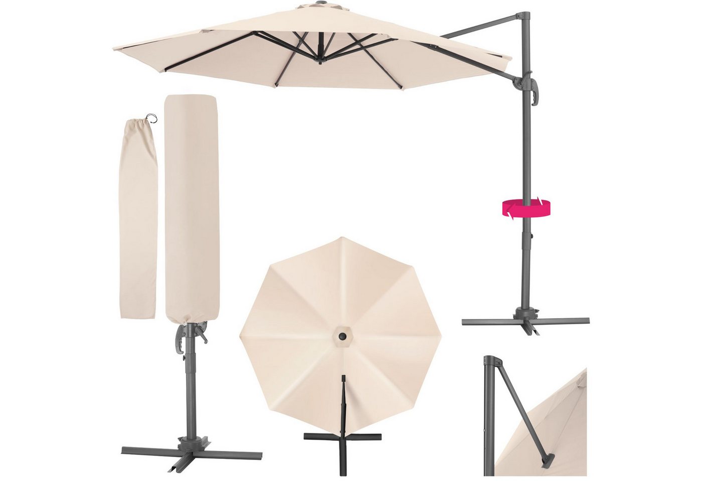 tectake Sonnenschirm Daria, Set mit Schutzhülle für Terrasse oder Garten, Parasol inkl. Schutzhülle in Schrimfarbe, 360° drehbar von tectake