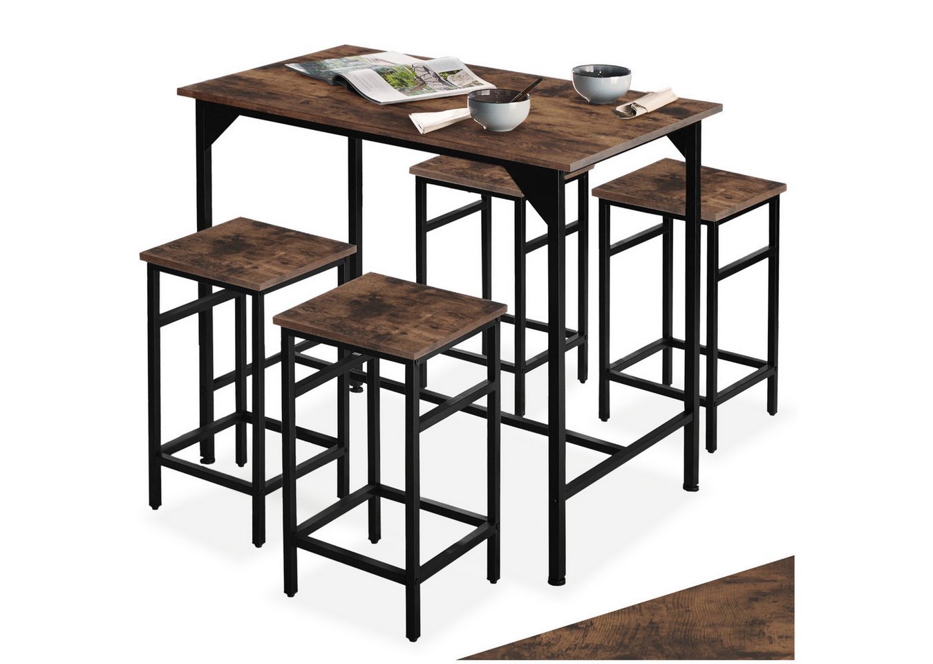 tectake Stehtisch Bartisch-Set (1-St., 5 tlg), Bartisch und Barhocker in rustikaler Industrie-Optik von tectake