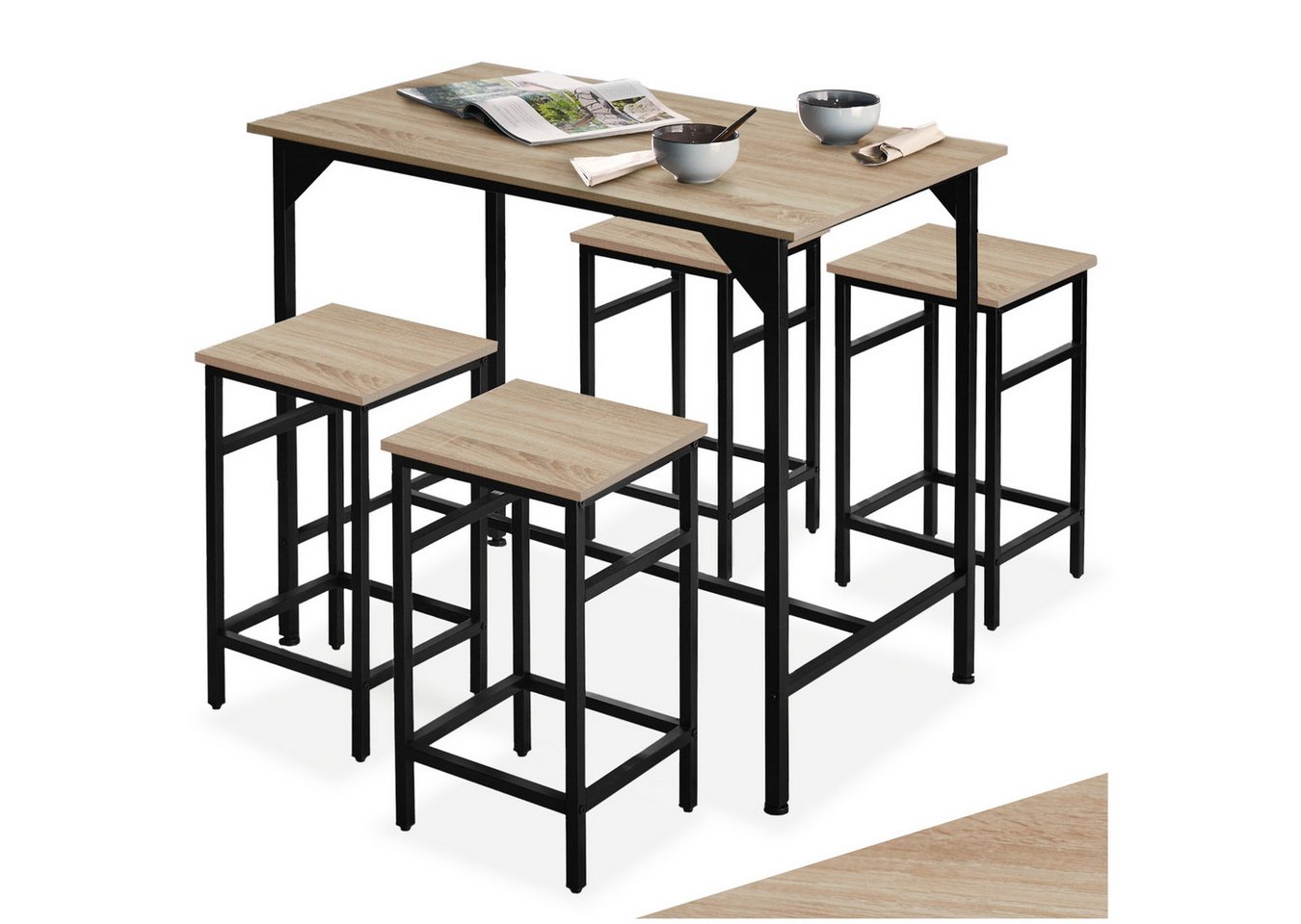 tectake Stehtisch Bartisch-Set (1-St., 5 tlg), Bartisch und Barhocker in rustikaler Industrie-Optik von tectake