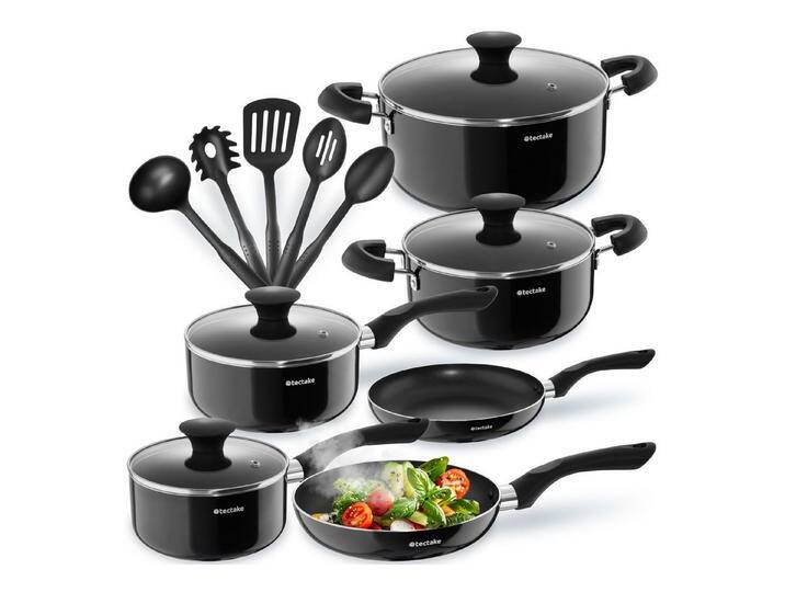tectake Topf-Set Kochtopfset, Aluminium, 15-teilig, schwarz von tectake