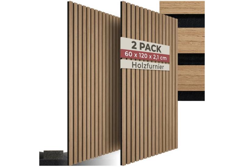 tectake Wandpaneel Akustikpaneele, BxL: 60x120 cm, (Komplettset, 2-tlg., Lamellenwand) 3D Holz-Effekt-Struktur von tectake