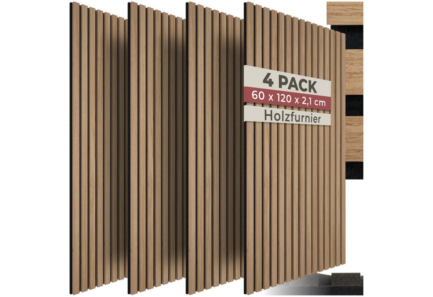 tectake Wandpaneel Sonic Wall Akustikplatten - Hervorragende Schallabsorption, BxL: 60x120 cm, (Komplettset, 4-tlg., Lamellenwand) 3D Holz-Effekt-Struktur von tectake
