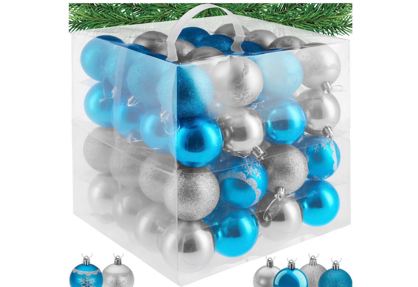 tectake Weihnachtsbaumkugel Weihnachtsbaumschmuck bruchsicher (1 St), 64er-Set in SIlber und Blau von tectake