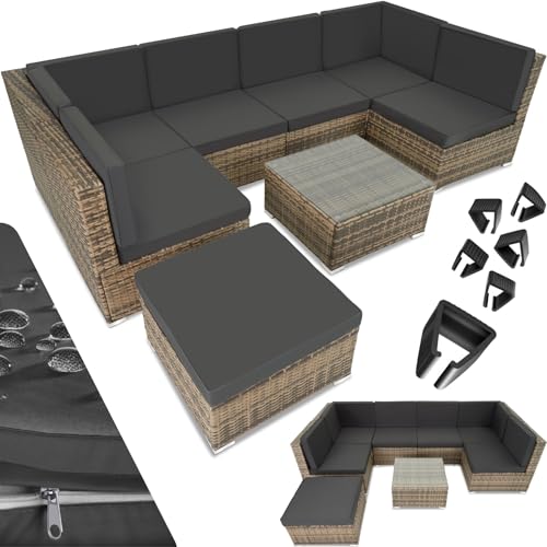 tectake XXL Polyrattan Lounge, Gartenmöbel Set, Sitzgruppe, Balkon Möbel mit 6 Sitze 1 Tisch 1 Hocker, inkl. Sitzkissen, Gartenlounge Outdoor, wetterfest, für Garten, Balkon, Terrasse - Natur von tectake