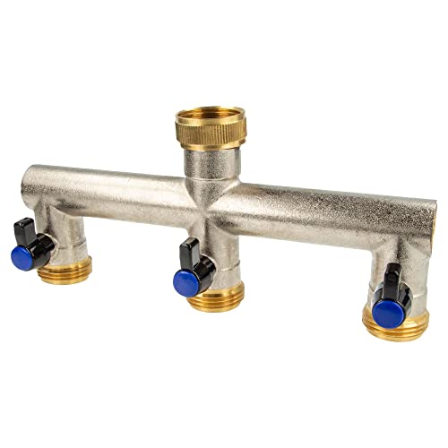 tecuro 3-Wege Verteilerstück 1 Zoll (DN20), einzeln absperrbar durch Kugelventile, Messing vernickelt von tecuro