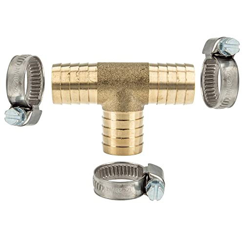 tecuro Schlauchverbinder T-Stück 1 Zoll (25 mm), MS-blank, mit 3 x Schlauchschellen W4 20-32 mm von tecuro