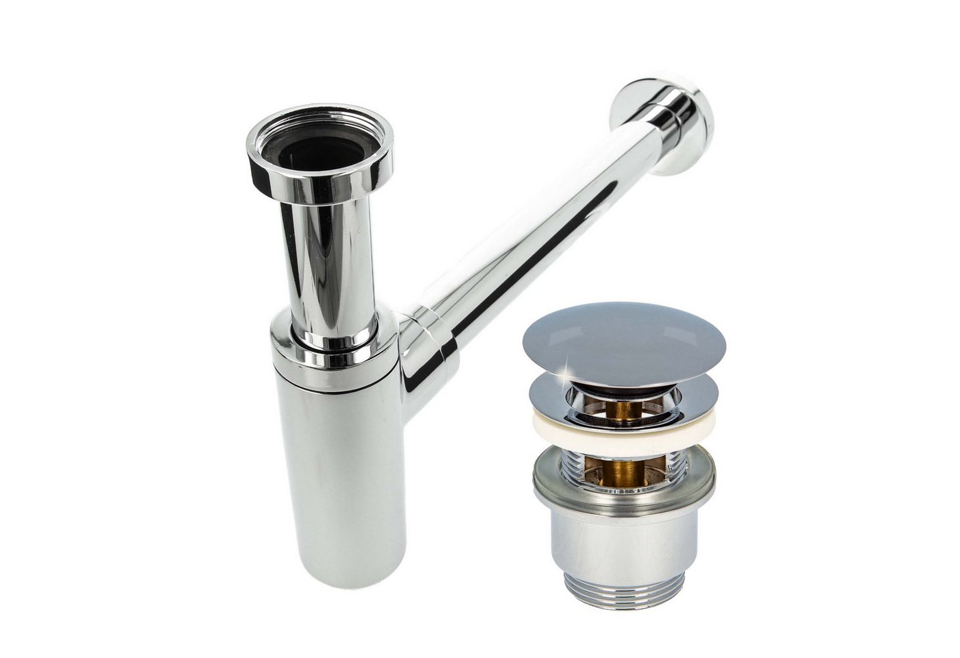 tecuro Siphon Siphon mit Pop Up Ablaufventil verchromt, (Ablaufventil und Flaschensiphon) von tecuro