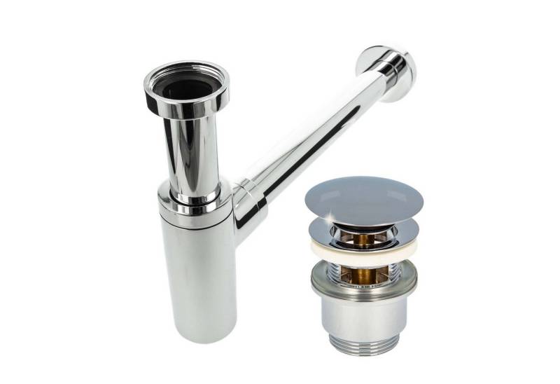 tecuro Siphon Siphon mit Pop Up Ablaufventil verchromt, (Ablaufventil und Flaschensiphon) von tecuro