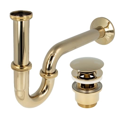 tecuro Siphon extra lang mit Pop Up Ablaufventil vergoldet - Universal Set für Waschtisch/Waschbecken von tecuro