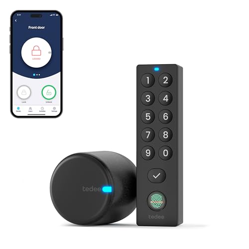 tedee GO 2 Set | smartes Türschloss schwarz | biometrisches Tastenfeld schwarz | Smart-Home-Lösung für iOS, Android | Bluetooth | Motorschloss | PIN + Fingerprint | Keine Installationshardware von tedee
