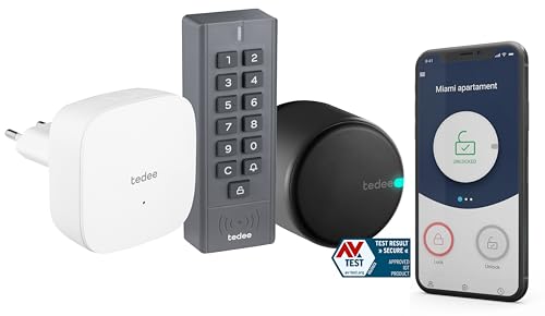 tedee GO Set | schwarzes Schloss, Bridge und Keypad | smartes Türschloss | WLAN-Bridge | Tastenfeld | Smart-Home-Lösung für iOS und Android | Bluetooth |Auto-Unlock | Keine Installationshardware von tedee