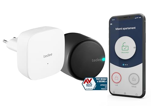 tedee GO Set | schwarzes Schloss und Bridge | smartes Türschloss | WLAN-Bridge | Smart-Home-Lösung für iOS und Android | Bluetooth | Motorschloss | Auto-Unlock | Keine Installationshardware von tedee