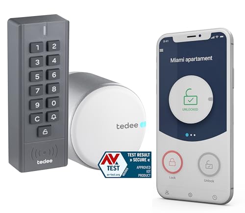 tedee GO Set | silbernes Schloss und Keypad | smartes Türschloss | Tastenfeld | Smart-Home-Lösung für iOS und Android | Bluetooth | Motorschloss | Zugang über PIN-Codes | Keine Installationshardware von tedee