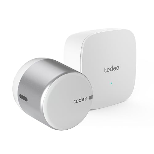 tedee Lock GO 2 Aluminium Set |silbernes Schloss + Bridge| smartes Türschloss | WLAN-Bridge | Smart-Home-Lösung iOS, Android | Bluetooth | Motorschloss | Auto-Unlock | keine Installationshardware von tedee