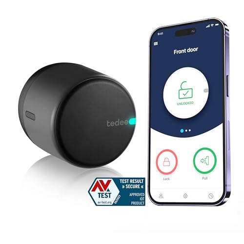 tedee Lock GO, smartes Türschloss, einfach nachrüstbar, ohne Zylindertausch, Steuerung via Bluetooth & aus der Ferne per App, iPhone & Android, Smart Home, schwarz, Ø 58mm x 65mm … von tedee