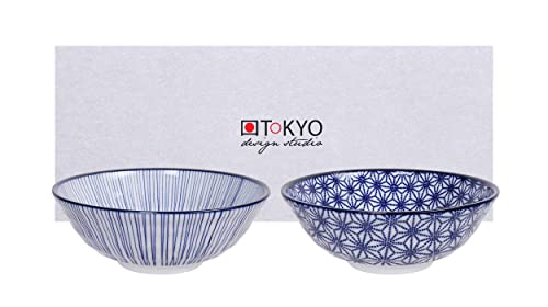 teeblume Tokyo Design Studio Nippon Blue 2-er Schalen-Set blau-weiß, Ø 21 cm, ca. 1000 ml, asiatisches Porzellan, Japanisches Design mit blauen Mustern, inkl. Geschenk-Verpackung von teeblume