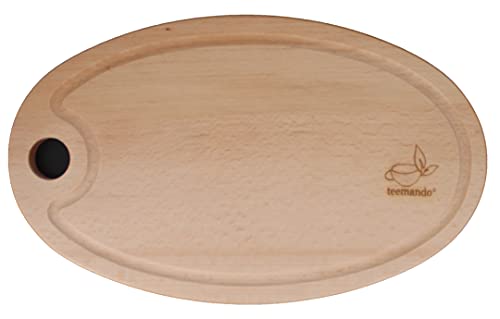 teemando® Schneidebrett oval, Holz mit Saftrille, geölt, plastikfreies Holzbrett aus heimischem Holz, Natur belassen, gefertigt in Europa, kein Bambus aus Asien, Küchenbrett, Hackblock, Tranchierbrett von Teemando
