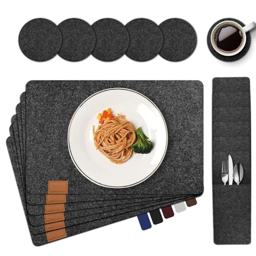 teeppo Tischsets Abwaschbar Platzsets Filz 18er Set, Tischsets Platzsets, Temperaturbeständige rutschfest Platzdeckchen mit Geschirrtasche, Untersetzer, Tischset Filz Geeignet für Esszimmer - Schwarz von teeppo