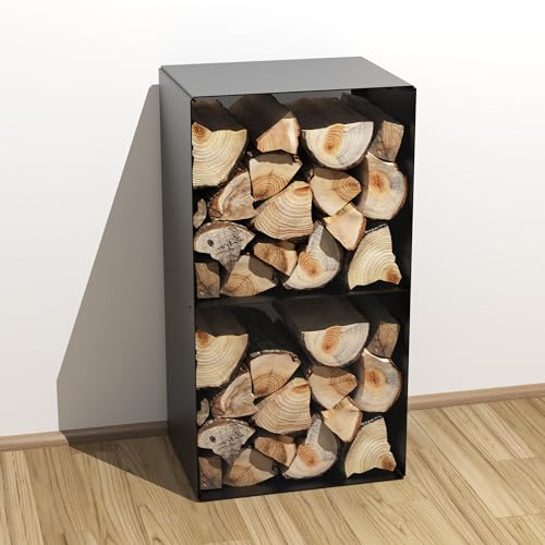 teileplus24 BHS7 Kaminholzregal Innen Außen | Brennholzregal Metall | Kaminholzkorb | Industrial Look | Wandmontage | Freistehend, Modell:Schwarz von teileplus24
