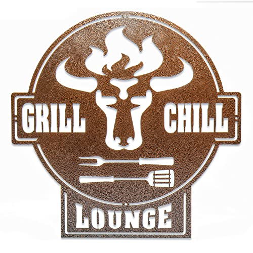 teileplus24 CG01 Gartenschild | Stier + Grill & Chill Lounge | 41 x 40,5cm| Stahl | Kupfer Antik von teileplus24