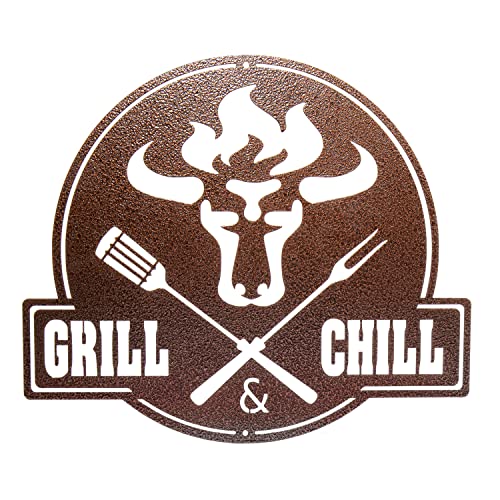 teileplus24 CG02 Gartenschild | Stier + Grill & Chill | 41 x 35,5cm | Stahl | Kupfer Antik von teileplus24