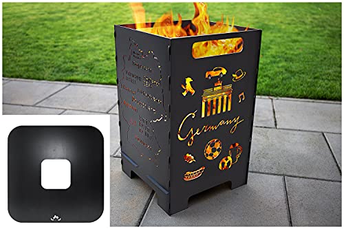 teileplus24 FT03 Feuertonne + Feuerplatte | Komplettset | Feuerkorb + Grillplatte | Groß Eckig, Design:Deutschland & Grillplatte von teileplus24