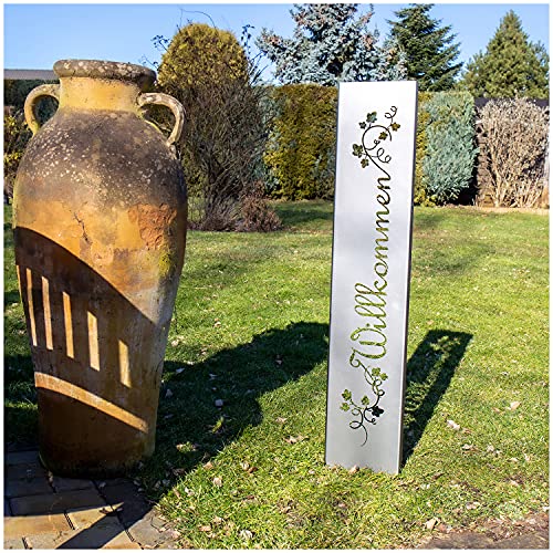 teileplus24 GS01-BR-1 Willkommen Gartenstecker Gartenschild | Rost Garten Deko | 3D Abkantung | 120cm x 21cm, Design:BlumenRanken von teileplus24
