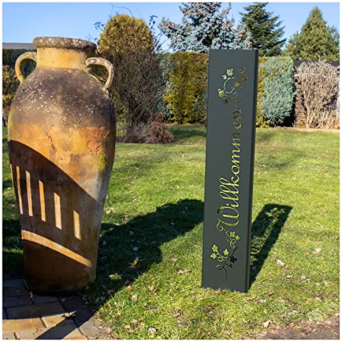teileplus24 GS01-BR-1 Willkommen Gartenstecker Gartenschild | Schwarz Garten Deko | 3D Abkantung | 120cm x 21cm von teileplus24
